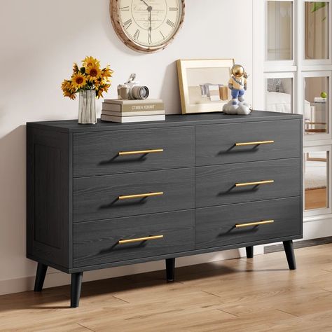 George Oliver Ororo 6 - Drawer Dresser | Wayfair Wide Chest Of Drawers, Black Dressers, Bedroom Chest Of Drawers, Wide Dresser, Dresser For Bedroom, Dresser Organization, Dresser Storage, Bedroom Chest, Bedroom Black