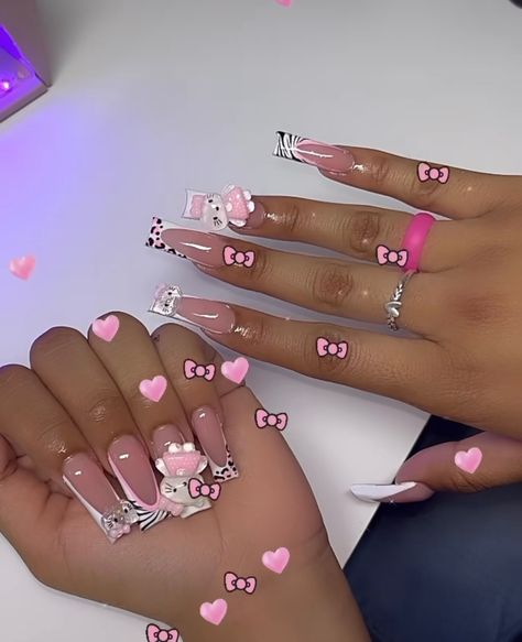 Nails With Charms Medium, Cute Nails No Charms, Hello Kitty Freestyle Nails, Nails With No Charms, Hello Kitty Valentines Nails, Nails With A Lot Of Charms, Y2k Hello Kitty Nails, Pink Cherry Charm Nails, Acrylic Nails With Charms