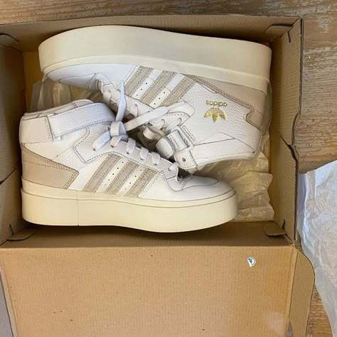 ADIDAS WOMEN'S FORUM BONEGA MID SNEAKERS Adidas Post Move Mid, Adidas Forum High Outfit, Beige Adidas Shoes, Adidas Shoes High Tops, Adidas Mid, Adidas Forum Mid, High Top Adidas, Adidas High Tops, Mid Sneakers