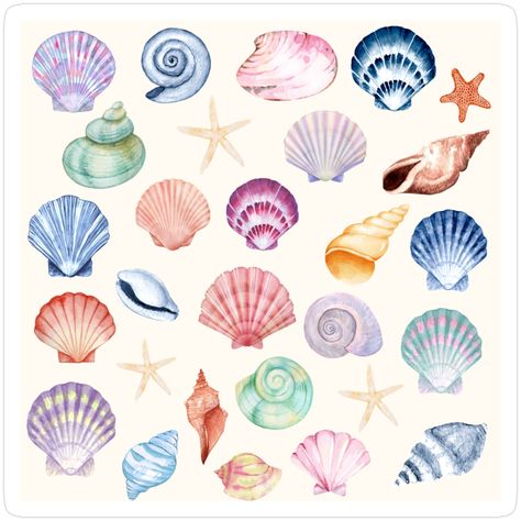 Decorate laptops, Hydro Flasks, cars and more with removable kiss-cut, vinyl decal stickers. Glossy, matte, and transparent options in various sizes. Super durable and water-resistant. Watercolour colourful seashell pattern. Watercolour Seashell, Sea Shell Nail Art, Starfish Sticker, Shell Nail Art, Seashell Drawing, Oceanography Marine Biology, Seashell Pattern, Seashells Patterns, Seashell Print