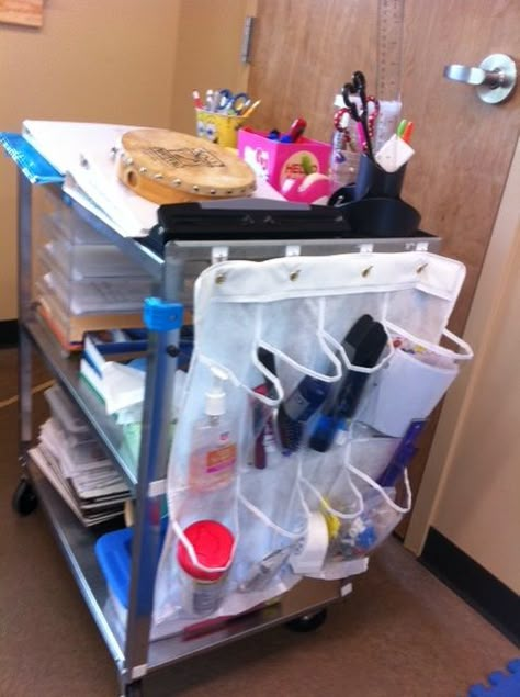 Organizing a cart for traveling teacher Teacher Cart, Teaching Organization, Traveling Teacher, Art Cart, Teacher Organization, My Class, Classroom Setup, Elementary Music, Music Classroom