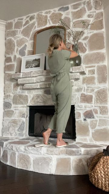 White Wash Faux Stone Fireplace, Stone Fireplace With Stone Mantle, Big Rock Fireplace, Diy White Wash Stone Fireplace, Lighten Stone Fireplace, 90s Stone Fireplace Makeover, How To White Wash Stone Fireplace, How To Whitewash Stone Fireplace, Whitewash Stone Exterior