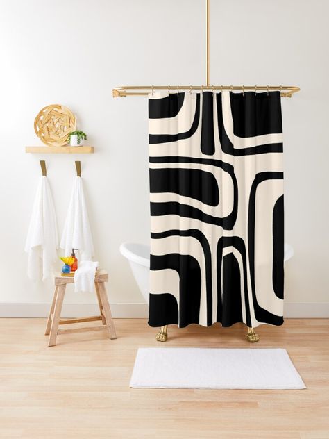 "Palm Springs Retro Midcentury Modern Abstract Pattern in Black and Almond Cream" Shower Curtain by kierkegaard | Redbubble Beige And Black Shower Curtain, Mid Century Modern Shower Curtain, Airbnb Bathroom, Curtain Photography, Cream Shower Curtain, Mid Century Shower Curtain, Beige Bathroom Decor, Shower Curtain With Valance, Retro Midcentury Modern