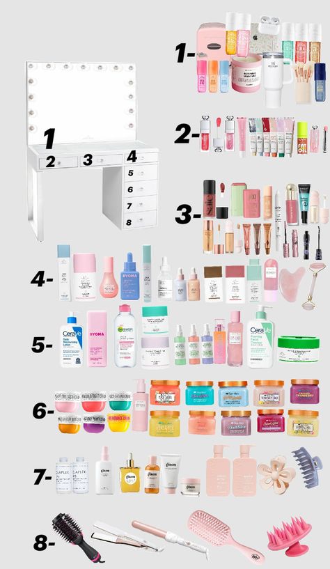 This took so long!!!! Dream vanity!💖🌊🤍 Vanity Essentials List, What To Put In Your Vanity, Vanity Ideas Organization, Skin Care Vanity, Organize Vanity, Preppy Vanity, Skincare Vanity, Sephora Gift Sets, Vanity Products