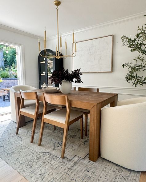 Timeless + Organic 🤍 . Embrace the cozy and inviting spirit of fall with our Modern Pecan Dining Table and Chairs. The rich pecan wood and cream upholstery create a stunning setting for gathering with friends and family. Click the link in our bio to explore our full range of solid wood dining sets! . @meggieferrerhome #plankandbeam #diningchairs #diningset #diningroominspo #kitchendesign #minimalisthome #moderndiningroom Dining Room Ideas Modern Farmhouse, Mcgee And Co Dining Room, Oak Dinner Table, Mcgee And Co Dining, Simple Dining Table Decor, Small Living Room With Dining Area, Modern Farmhouse Dining Room Ideas, Dining Area Modern, Dining Room Ideas Modern