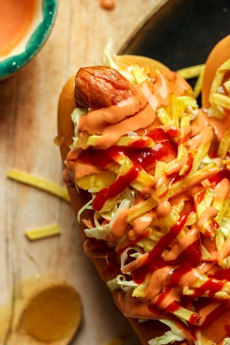 Colombian Pineapple Sauce — Damn, Spicy! Colombian Hot Dog, Hot Dog Recipes Creative, Chilli Cheese Dogs, Colombian Dishes, American Hot Dogs, Pineapple Sauce, Pink Sauce, Latin American Recipes, Colombian Food