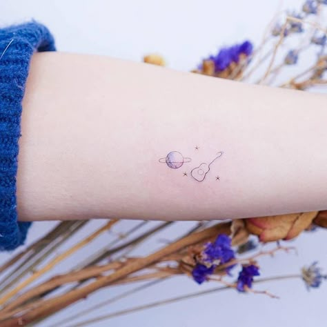 Ukulele Tattoo, Small Music Tattoos, Violin Tattoo, Astronomy Tattoo, Guitar Tattoo Design, Saturn Tattoo, Tattoos With Kids Names, Guitar Tattoo, Music Tattoos