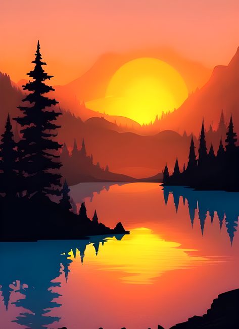 Colourful Scenery, Silhouette Scenery, Landscape Poster Design, Silhouette Landscape Painting, Vector Art Landscape, Sunrise Paintings, Landscape Vector Art, Forest Landscape Silhouette, Landscape Silhouette