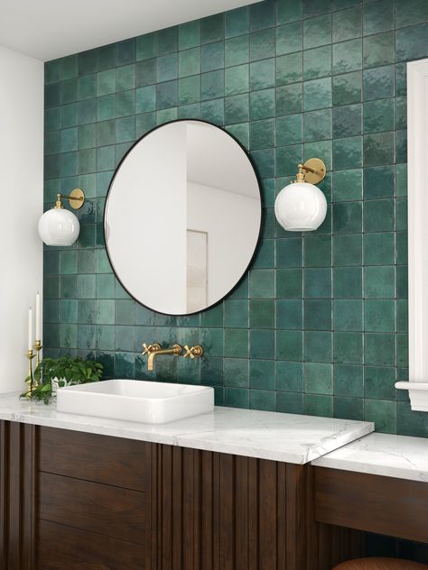 Green Zellige Tile, Green Ceramic Tile, Green Tile Backsplash, Glossy Ceramic Tile, Green Tile Bathroom, Lights Bathroom, Floor And Decor, Zellige Tile, Ceramic Floor Tiles