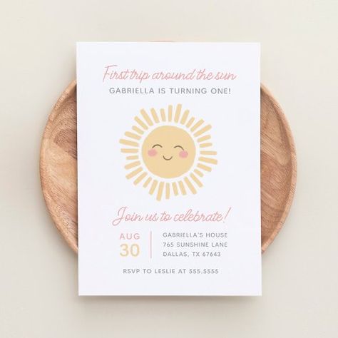 $1.98 | First Trip Around the Sun 1st Birthday Party #birthday party, sun birthday, you are my sunshine, cute fun whimsical, 1st birthday, girl birthday, pink yellow, sunshine birthday, first bday, first trip around the sun Sun 1st Birthday Party, Sunshine First Birthday Party, Birthday Party Invite Template, Sunshine First Birthday, Sunshine Birthday Parties, 92nd Birthday, Sunshine Party, Diy Birthday Invitations, First Trip Around The Sun