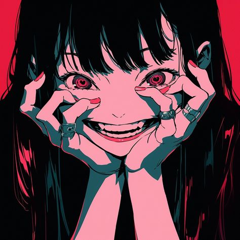 Anime girl, anime girl icon, Aesthetic icon, Aesthetic girl icon, 8k, 4k, high quality icon, gothic girl icon, 90s anime, retro anime Crazy Anime Woman, Anime Scary Smile, Anime Crazy Smile, Crazy Smile Drawing, Manic Expression, Crazy Expression Reference, Crazy Face Expression, Crazy Expression, Yandere Face