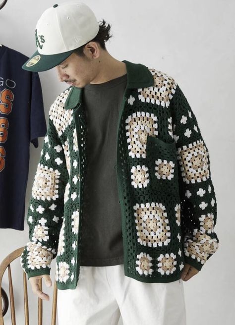 Mens Crochet Granny Square Sweater, Mens Granny Square Sweater, Black Granny Square Cardigan, Granny Square Patchwork Cardigan, Crochet Men Cardigan, Men Crochet Cardigan, Granny Square Cardigans, Men Crochet Ideas, Crochet Cardigan Men