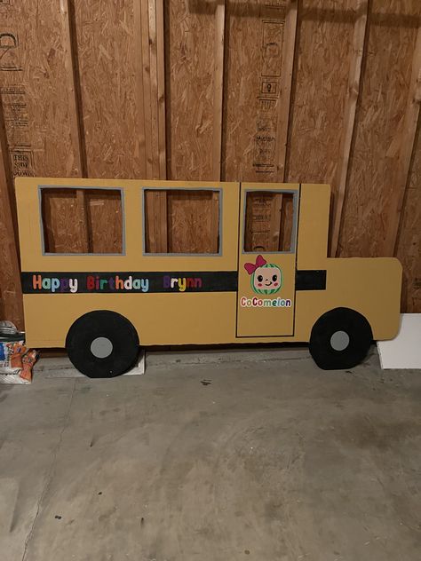 Cocomelon Bus Diy, Bus Cardboard, Cardboard Box School Bus, School Bus Made Out Of Cardboard, July Baby Birthday, Cardboard Bus, School Bus Cutout, School Bus Party, Cocomelon Birthday