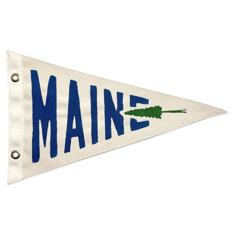 "This hand-made Maine pennant uses 8oz natural duck canvas. Artwork is hand-painted with quality ocean blue and forest green acrylic paint. Materials: Each flag is hand-sewn with durable polyester thread, twill tape, solid brass grommets, and stamped with Wild Northland branding. Keep in mind, every pennant is unique--slight imperfections truly make each creation one-of-a-kind. Size: give or take, 18\" x 9\"" Flag Pennant Banner, Vintage Pennant Flag, Coastal Graphics, Camp Nursery, Paint Materials, Maine Flag, Maine Decor, Camping Vintage, Pennant Flags