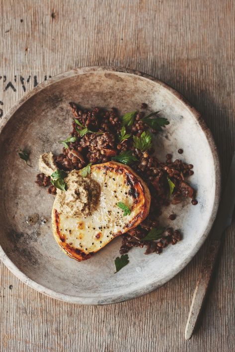 Celeriac Steaks And Red Wine Lentils Celeriac Recipes Vegan, Celeriac Steak, Using Dried Mushrooms, Celeriac Recipes, Vegan Gourmet, Chinese Kool, Black Lentils, Tofu Dishes, Dried Mushrooms