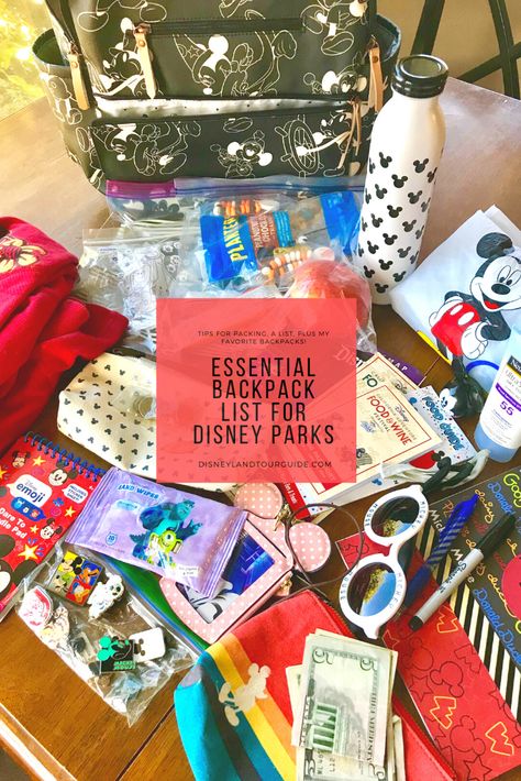 </em> Essential backpack list for a visit to Disney parks</em> Disney World Backpack List, Disney Park Backpack, Disney World Backpack, Backpack List, Disneyland Map, Disney Lines, Disneyland Rides, Disneyland Planning, Family Disney Trip