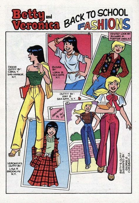 Denim Blouse Outfits, Archie Comics Veronica, Veronica Lodge Fashion, Archie Comics Betty, Veronica Lodge Outfits, Archie Comics Characters, 70s Cartoons, Archie Comic Books, Comic Book Layout