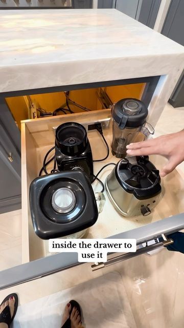 Docking Drawer™ on Instagram: "Your blenders called. They need their own room. ⚡️ Using just basic power tools and 7 screws, Blade Series outlets easily install into any drawer or pullout, allowing for flexible project planning. Our patented interlocking thermostat cuts power to the outlet if surrounding temps exceed 120° F. 💡 Connect up to 4 small appliances with the Blade Duo 🔌 our most popular outlet for appliance garage projects, featuring 4 AC ports. ——————————— 🤝 Here’s what this smart customer had to say: “The Docking Drawer outlets helped make the kitchen beautiful, counterless appliances, and clutterless.” Visit our site to learn more about how to add a ✨ powered appliance drawer ✨ to your home! #appliancedrawer #appliancehack #kitchenhack #kitchenorganization #organizedkit Outlets In Kitchen Island, Appliance Organization, Appliances Organization, Appliance Drawer, Elevated Kitchen, Kitchen Appliance Trends, Kitchen Outlets, Docking Drawer, Island Drawers