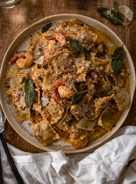 Brown Butter Shrimp Pasta, Ravioli With Sage Brown Butter Sauce, Butternut Squash Ravioli With Brown Butter Sage Sauce, Brown Butter And Sage Pasta, Brown Butter Sage Ravioli, Chorizo Burger, Sage Butter, Butter Shrimp, Ravioli Recipe