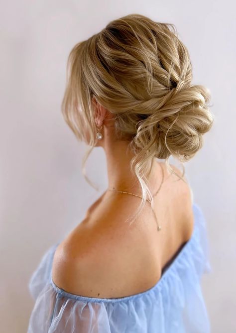 Bridal Low Loose Bun, Romantic Updo Bridesmaid, Bridal Hairstyles Low Updo, Low Bridal Hairstyles, Bridal Hair Low Textured Bun, Updo Bun Bridesmaid, Wedding Low Do Hairstyles, Low Bun Hairstyles Wedding Bridesmaid, Bridesmaids Hair Styles Updo