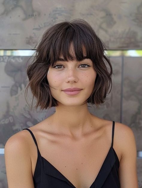 Short Bob With Full Fringe, Short Bob No Fringe, French Shag Haircut Short, Hairstyle Bob Short, Bob Bangs Glasses, Short Hair And Bangs Hairstyles, Bangs With Bob Haircut, Italian Bob With Bangs, Short Hair Cuts For Women With Bang