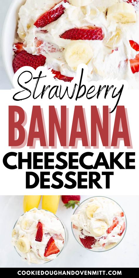 Savor the refreshing blend of strawberry and banana in this light, creamy Strawberry Banana Cheesecake Salad, the perfect treat for hot summer days. This delightful salad, boasting a hint of cheesecake flavor, is great for picnics, potlucks or just as a fun dessert for the grandkids. Serve it in elegant parfait glasses to add a dash of sophistication to any occasion. Banana Cheesecake Parfait, Strawberry Banana Cheesecake Dessert, Hot Day Dessert Ideas, Cool Whip Desserts With Fruit, Strawberry Banana Cheesecake Pudding Recipes, Strawberry Banana Cheesecake Pudding, Banana Strawberry Cheesecake, Strawberry And Banana Dessert, Strawberry Cheesecake Banana Pudding