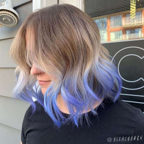 Purple And Periwinkle Hair, Periwinkle Hair Highlights, Periwinkle Hair, Dyed Tips, Rambut Brunette, Funky Hair, Arctic Fox Hair Color, Dip Dye Hair, Colored Hair Tips