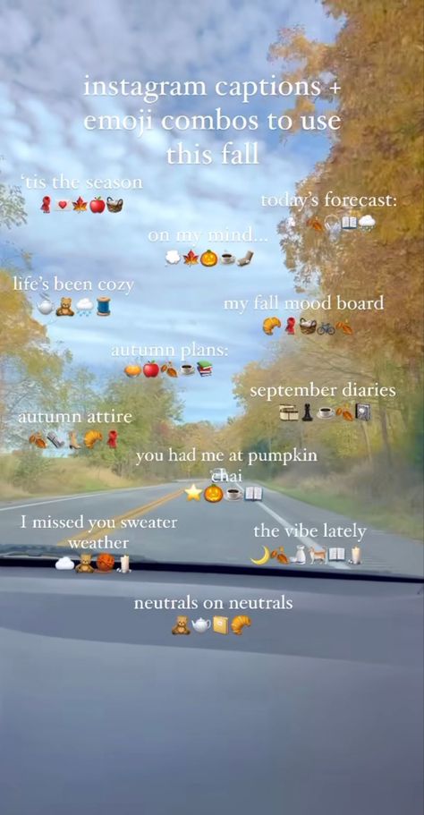 Fall Qoute Insta, Camping Emoji Combo, Fall Songs For Instagram Story, Emoji Combos Instagram, Instagram Captions Emoji Combos, Fall Insta Captions, Fall Emoji Combos, Winter Captions For Instagram, Winter Captions