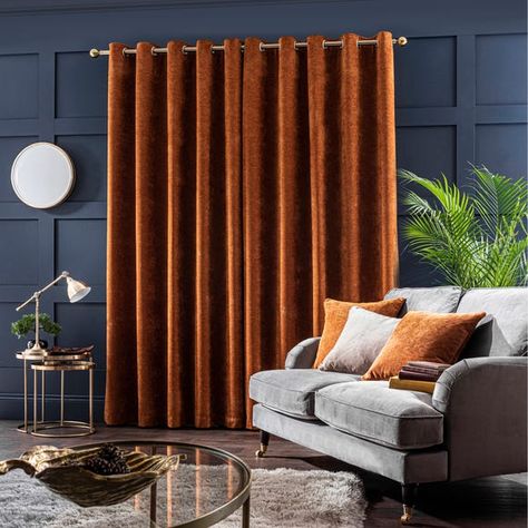 Rust Curtains, Hallway Colour Schemes, Native American Rug, Bedroom Curtain Ideas, Hallway Colours, Mid Century Modern Interior Design, Navy Walls, Bedroom Curtain, Plain Curtains