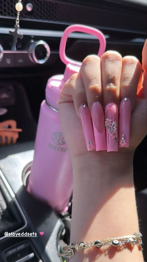 Bougie Pink Nails, Pink Nail Sets Long, Pink Nail Sets, Kylie Nails, Tapered Square Nails, Acrylic Toe Nails, Spring Acrylic Nails, Long Acrylic Nail Designs, Hard Nails