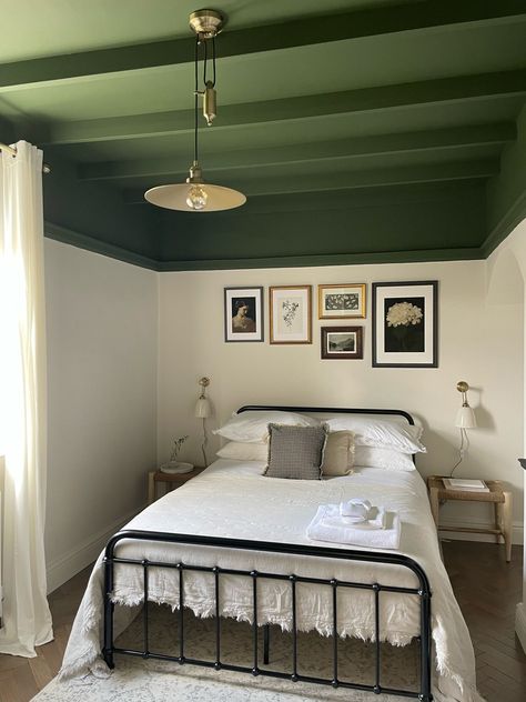 Transforming a Spare Room: DIY Renovation with Mid-Century Charm — Wild in the Wolds Split Wall Color Ideas, Vintage Glam Dining Room, Glam Dining Room Decor, Green Ceiling Paint, Colour Drenching, Glam Dining Room, Green Bedroom Design, Glam Dining, Antique Mirrors