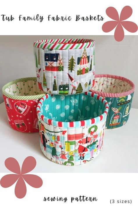 Tub FamilyFabric Baskets sewing pattern (3 sizes). These useful storage tubs and quilted fabric baskets to sew are perfect for organizing your workspace, desk, or dressing table. They come in three different sizes, which nest together beautifully. This is a great way to use up all your scraps and is incredibly fun to make. They make the perfect last-minute gifts for friends and family. SewModernBags Basket Sewing Pattern, Fabric Basket Tutorial, Nesting Baskets, Baskets Storage, Fabric Bowls, Fabric Boxes, Quilting Rulers, Quilted Fabric, Halloween Fabric