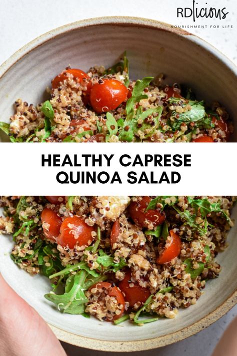 This Caprese Quinoa Salad pairs protein-packed quinoa with creamy mozzarella, crisp arugula, and fresh cherry tomatoes. Caprese Quinoa Salad, Healthy Caprese, Caprese Quinoa, Quinoa Salad Dressing, Easy Summer Dishes, Panzanella Salad Recipe, Tomato Mozzarella Salad, Whole30 Meal Prep, Healthy Apps