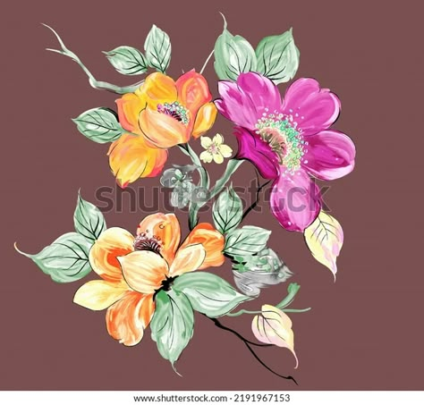 Digital Textile Flower Leaves Beautiful New Stock Illustration 2191967153 | Shutterstock Hur Man Ritar Blommor, Watercolor Flowers Pattern, Botanical Flower Art, Digital Texture, Flower Leaves, Watercolor Flower Art, Flower Art Images, Vector Flowers, Flower Prints Art