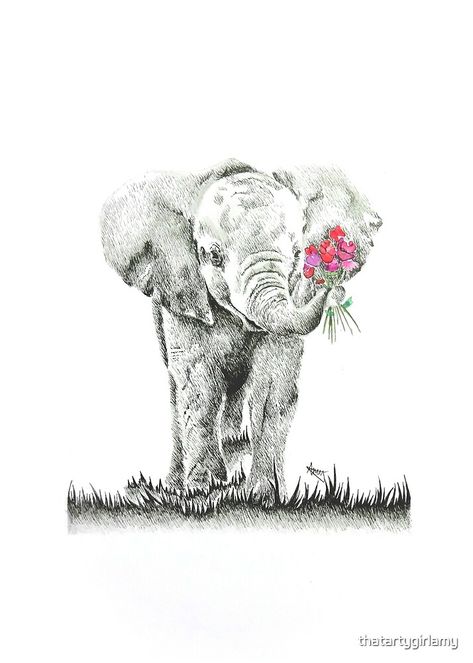 Elephant Holding Flower Drawing, Realistic Elephant Tattoo, Elephant With Flowers, Baby Elephant Tattoo, Flower Tat, Self Love Tattoo, Tattoos With Kids Names, Colorful Elephant, Elephant Tattoo