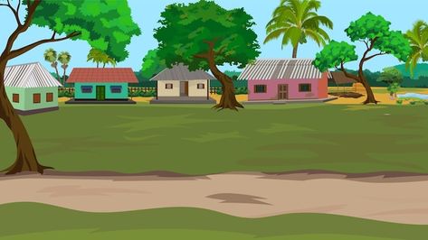 House With Palm Trees, Indian Animation, Animation Landscape, Drawing Of A House, Asian Village, Village Background, Hd Sky, Village Drawing, Background Artist