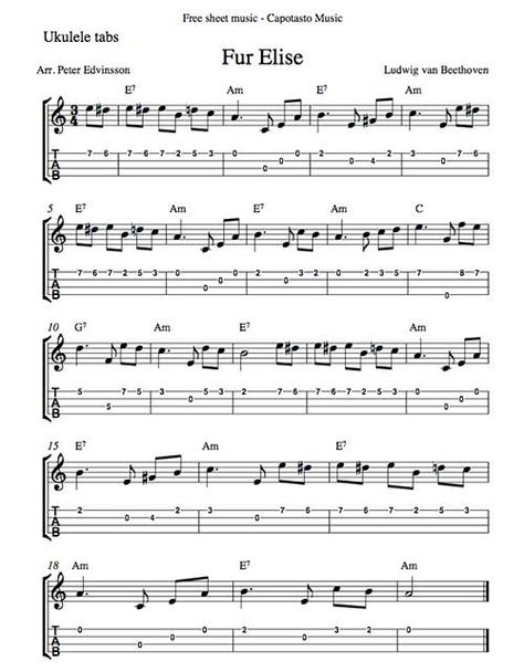 Fur Elise Ukulele Tab, Ukulele Fingerpicking Songs, Ukulele Tabs Songs, Ukulele Fingerpicking, Ukelele Chords Ukulele Songs, Learning Ukulele, Fur Elise, Ukulele Chords Chart, Uke Songs