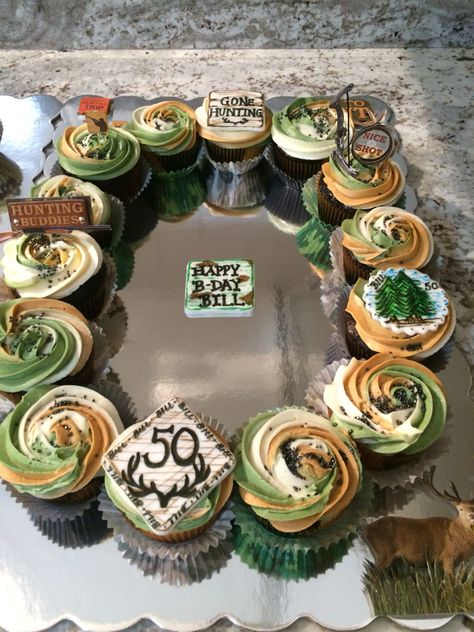 Gone Hunting Cupcakes                                                                                                                                                      More Hunting Themed Cupcakes, Hunting Cupcakes For Men, Archery Cake, Deer Cupcakes, Hunting Cupcakes, Farmer Cake, Hunting Cake Topper, 65th Birthday Party Ideas, Hunting Birthday Cakes