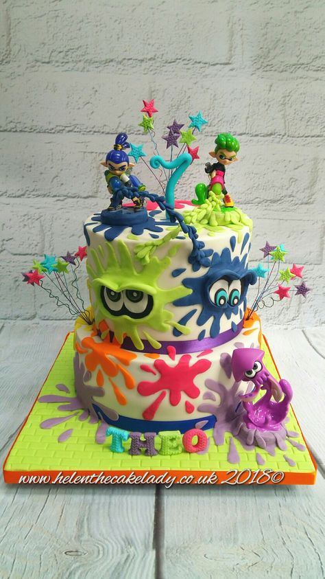 Splatoon cake. By Helen the cake lady Splatoon Cake, Splatoon Memes, Slime Party, Video Games Birthday, Birthday Cakes For Women, Boy Birthday Party, 9th Birthday, 8th Birthday, Let Them Eat Cake