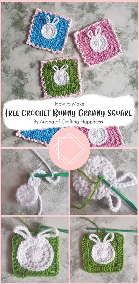 Crochet Easter Free Pattern, Granny Square Bunny, Bunny Granny Square, Spring Granny Square, Free Crochet Bunny, Crochet Cables Pattern, Spring Garland, Granny Square Tutorial, Granny Square Pattern