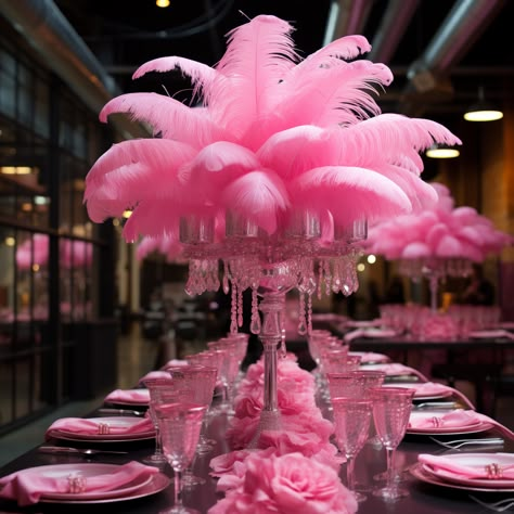 Barbie’s Dream World in Pink: AI-Created Centerpieces for Your Event – A Sparkly Life for Me Pink Feather Table Decor, Pink Glitz And Glam Party Decorations, Pink Feather Party Decor, Pink And Pearl Theme Party, Barbie Galentines Party, Shades Of Pink Decorations Party, Pink Friday Party, Barbie Carnival Party, Barbie Party For Women