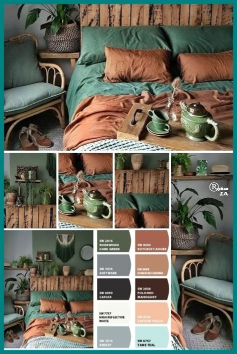 Deep Green Boho Bedroom, Cool Earthy Bedroom, Copper Sheets Bedroom, Earth Color Bedroom Ideas, Best Bedroom Color Palette, Chocolate Brown Color Palette Bedrooms, Blue Green And Brown Bedroom, Earthy Room Color Palette, Black Green Rust Bedroom