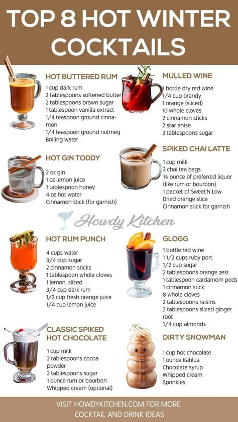 A colorful collection of 8 hot winter cocktails like Hot Rum Punch, Classic Spiked Hot Chocolate, Glogg, and Dirty Snowman, perfect for adding warmth to winter gatherings. Hot Winter Cocktails, Winter Drinks Alcoholic, Warm Winter Cocktails, Warm Cocktails, Winter Cocktails Recipes, Winter Cocktail, Hot Cocktails, Hot Buttered Rum, Winter Cocktails