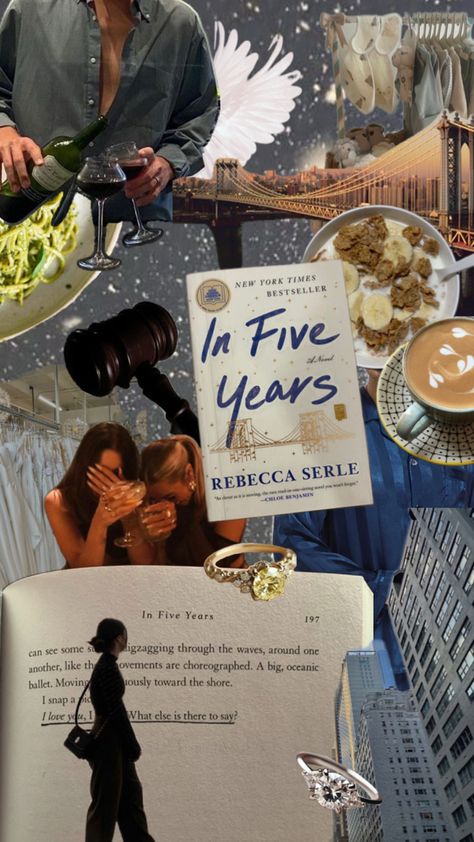 Book art, engagement, dreaming the future, 5 years, best friends, ovarian cancer, funeral, life, love, nyc, New York City, manhattan bridge, lawyer, aesthetics collage In Five Years Book, Rebecca Serle, In Five Years, Book Talk, Aesthetic Collage, Yearbook, Book Aesthetic, New York Times, Books To Read