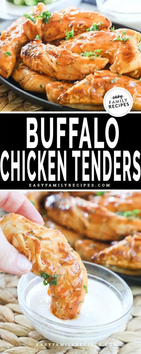 Super Fast 5 Ingredient Chicken! These saucy buffalo chicken tenders are an easy weeknight dinner recipe for anyone that loves the spicy tang of buffalo chicken. Ranch seasoned tenderloins are cooked in a skillet instead of fried, then tossed with a spicy, buttery sauce that makes them a tasty appetizer or dinner. This skillet chicken recipe is great for enjoying a classic craving in a healthier way. Serve this family friendly chicken dinner with simple sides or made into sandwiches or wraps! Grilled Buffalo Chicken Tenders, Chicken Tenderloins In Oven, Baked Buffalo Chicken Tenders, Baked Chicken Tenderloins, Chicken Tender Salad, Spicy Chicken Tenders, Chicken Breast Oven Recipes, Oven Baked Chicken Tenders, Copycat Food