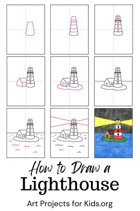 Inside you'll find an easy step-by-step How to Draw a Lighthouse Tutorial. Stop by and download yours for free. #howtodraw #artprojectsforkids #lighthouse How To Draw Lighthouse, Lighthouse Art For Kids, How To Draw A Lighthouse, Lighthouse Drawing Simple, Kids Drawing Ideas Step By Step, Draw A Lighthouse, Lighthouse Craft, Lighthouse Drawing, Art Therapy Projects