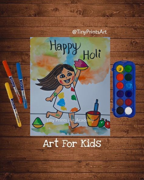 Holi Drawing For Kids Easy, Holi Craft, Holi Art, Holi Card, Holi Drawing, Rainy Day Drawing, Basic Drawing For Kids, Scenery Drawing For Kids, Drawing Classes For Kids