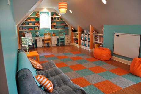 Design your attic and other small awkward spaces to make an additional room in your home. Here are some ideas... Colorful Playroom, Attic Playroom, Attic Ideas, Attic Room, Childrens Playroom, Playroom Design, Attic Renovation, Attic Remodel, Toy Room