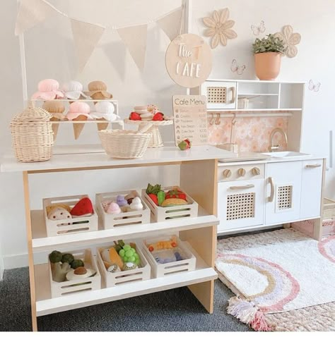 Girl Playroom Ideas Toddler, Pastel Playroom Ideas, Playroom Kitchen Area, Cute Playroom Ideas, Ikea Play Kitchen Ice Cream Shop, Girls Playroom Ideas, Spisig Play Kitchen, Pink Ikea Play Kitchen, Ikea Spisig Play Kitchen Hack