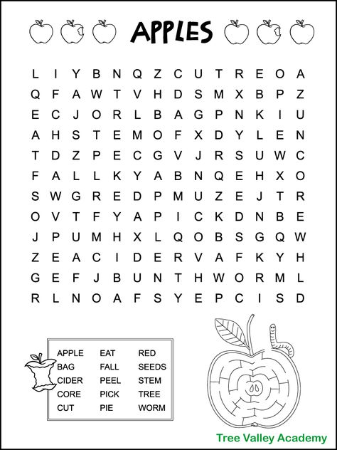 A printable black and white apple word search puzzle for kids. The 15 apple words are hidden in a 12 X 14 grid of letters. The apple words are 1st and 2nd grade spelling words. The image is decorated with apples and an apple core that kids can color. There's also a fun apple maze where kids can help a worm find its way to the seeds in the centre of an apple. 3rd Grade Word Search, 1st Grade Word Search, September Word Search, October Word Search For Kids, Autumn Word Search Free Printable, Autumn Word Search, Substitute Teacher Resources, Apple Word, 2nd Grade Spelling Words